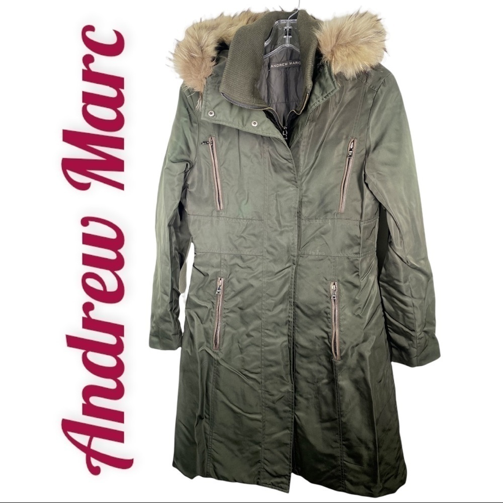 ANDREW MARC Olive Army Green Long Down Coat‎ With Fur Trimmed Hood, Size Small